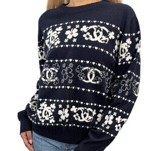CHANEL P63037 CC Logo Cashmere Knit Sweater Top #46 Dark Blue [106289]